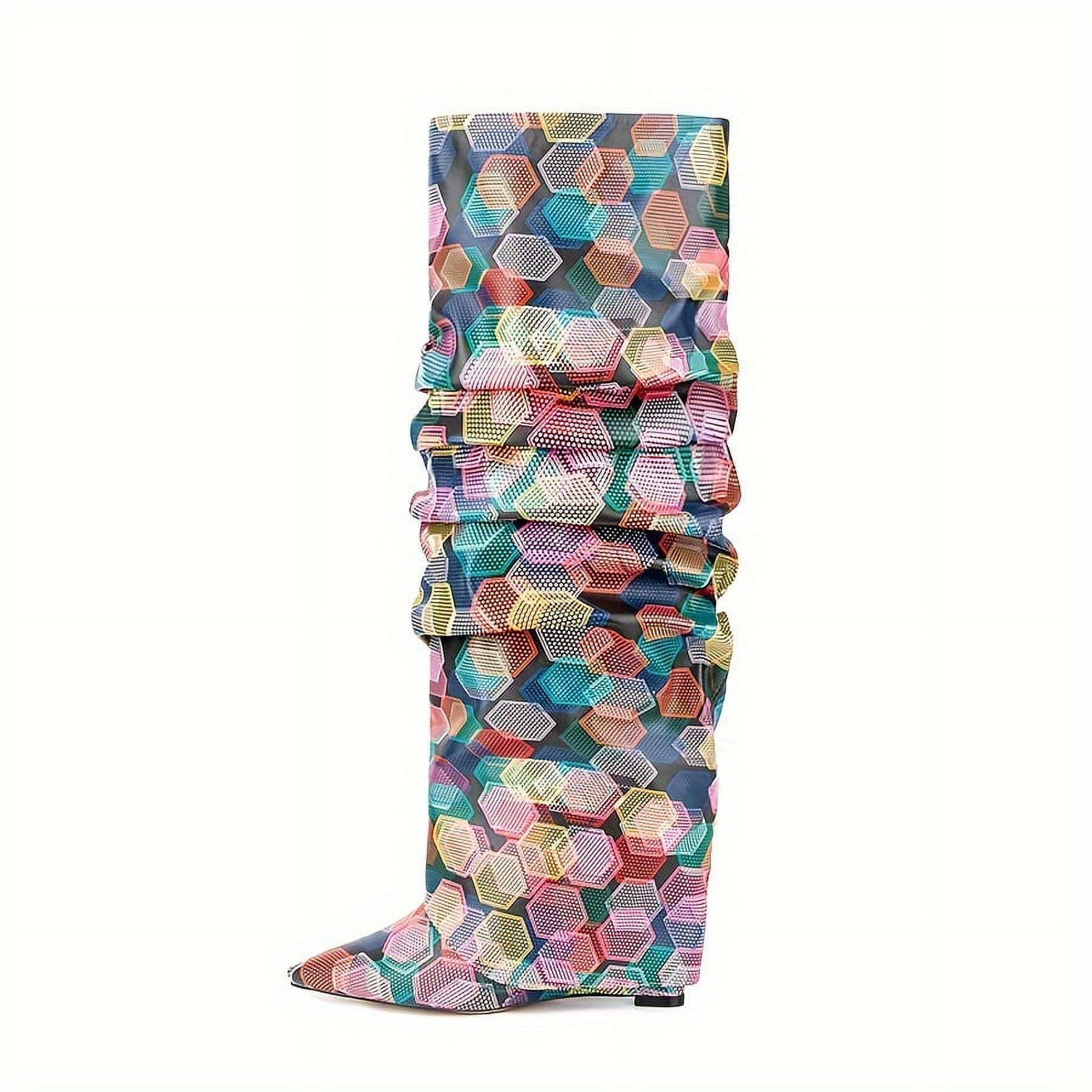 KINODAY Colorful Geometric Pattern Boots Fashion Point Toe Dress Boots