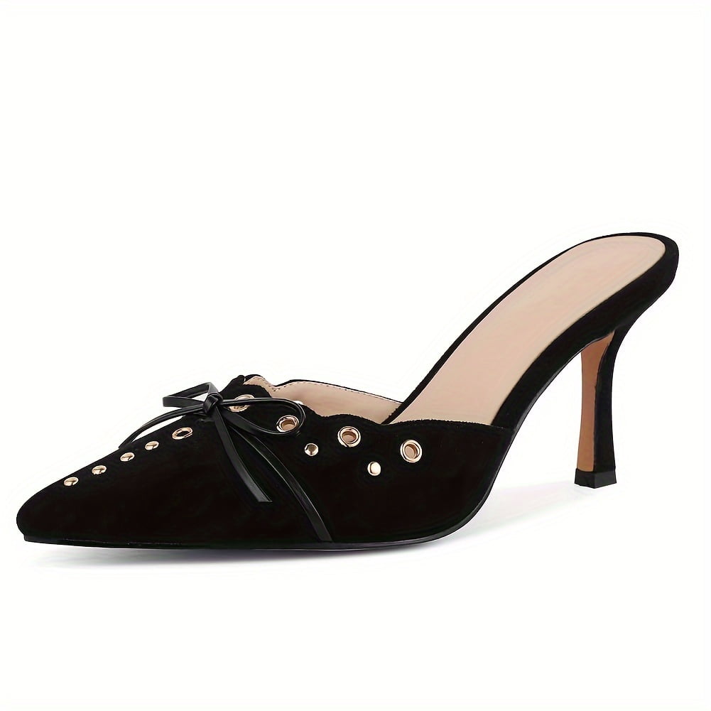 KINODAY Pointed Toe Bow Heels Mule Heels Slip On Stiletto Heels Studded ...