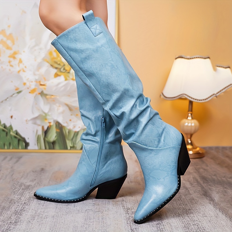 KINODAY Snakeskin Pattern Chunky Heel Boots Fashion Point Toe Knee High