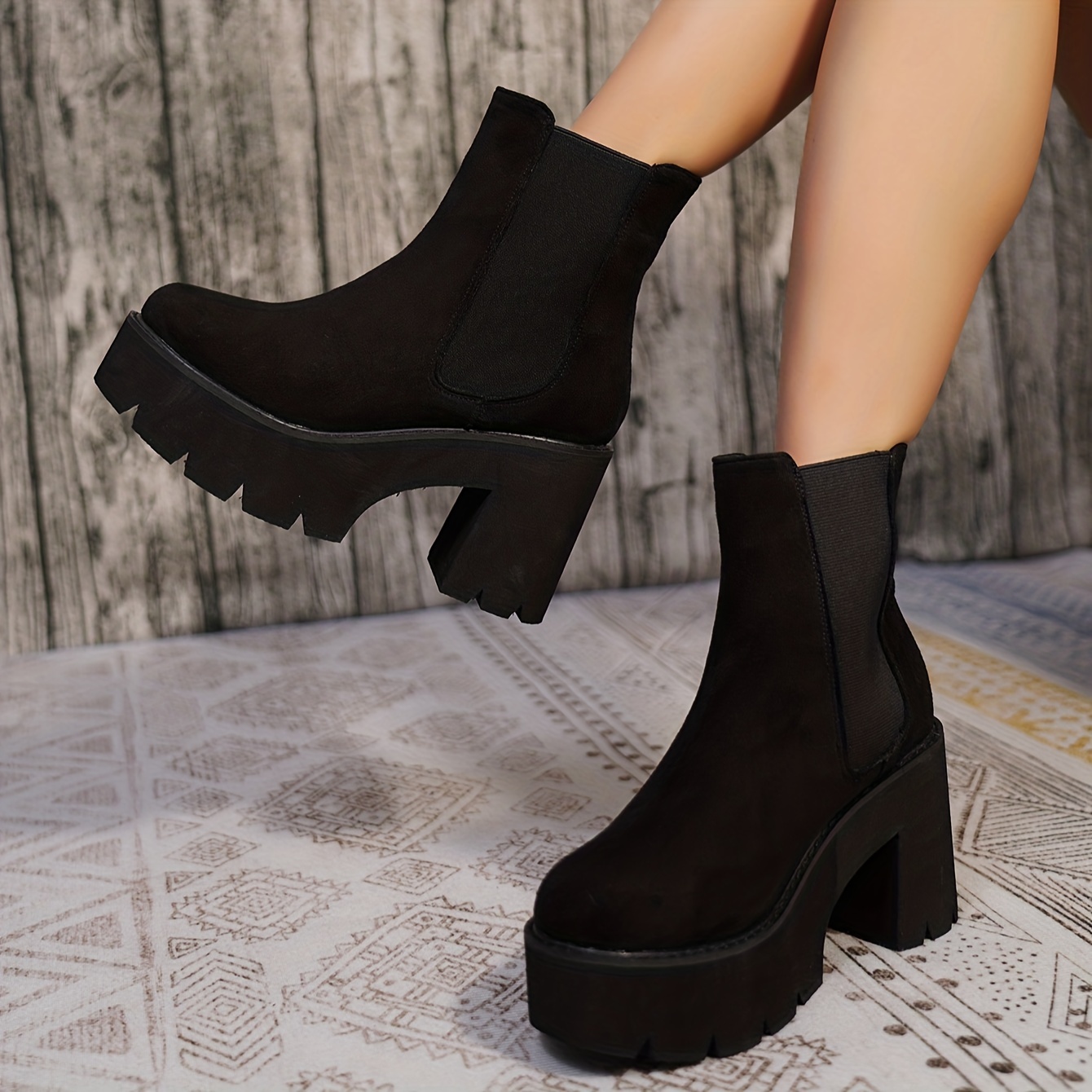 KINODAY Solid Color Platform Boots Slip On Suede Chunky Heel Boots