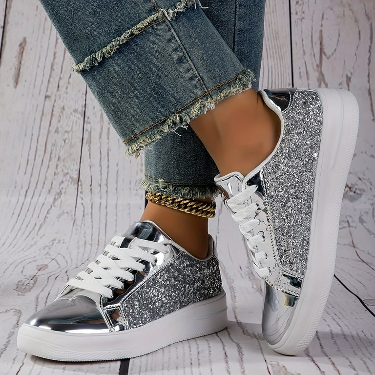 KINODAY Solid Color Trendy Sneakers Lace Up Sequins Pattern Casual Skate Shoes Glitter Low top Shoes for Music Festival