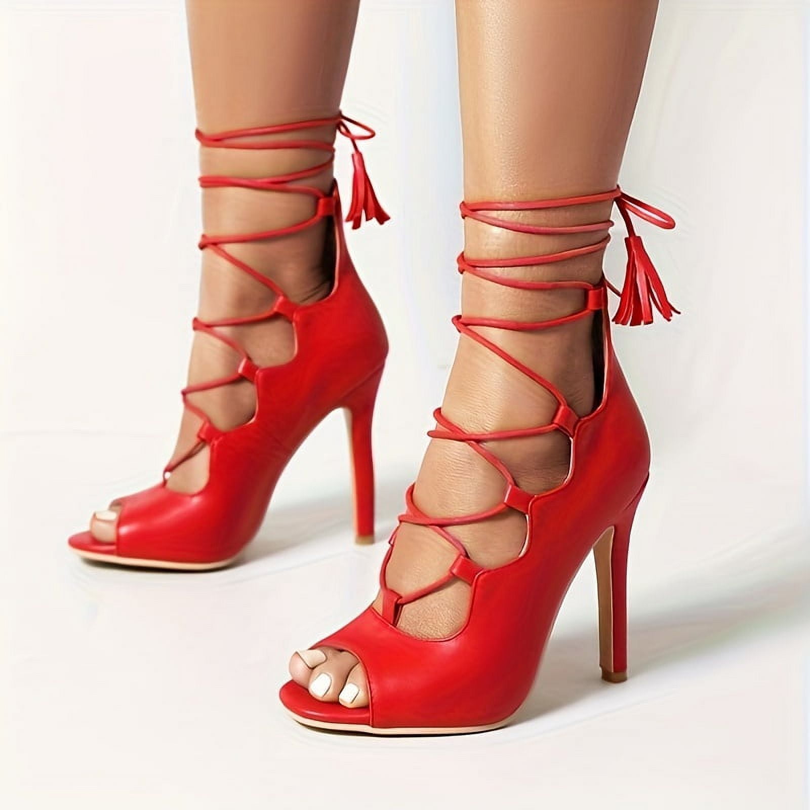 KINODAY Women Red Open Toe Lace Up High Heels Stiletto Heeled Ankle ...