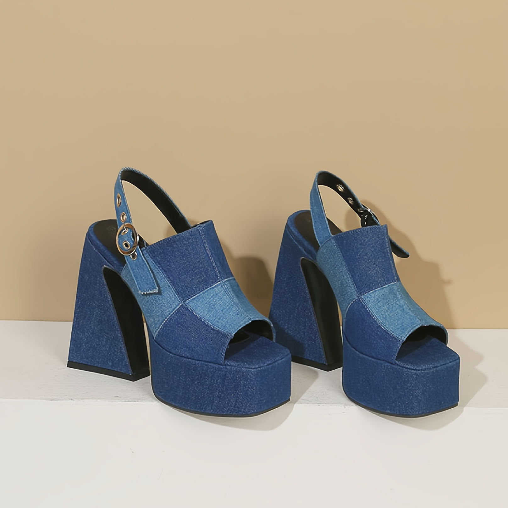 KINODAY Women‘s Colorblock Denim Block Heel Sandals with Open Toe and ...