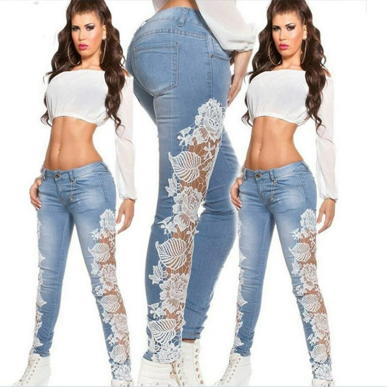 KINPLE Women Lace Ripped Jeans, Distressed Skinny Trendy Pencil Denim Pants  Tight Casual Patchwork Floral Leggings Trousers