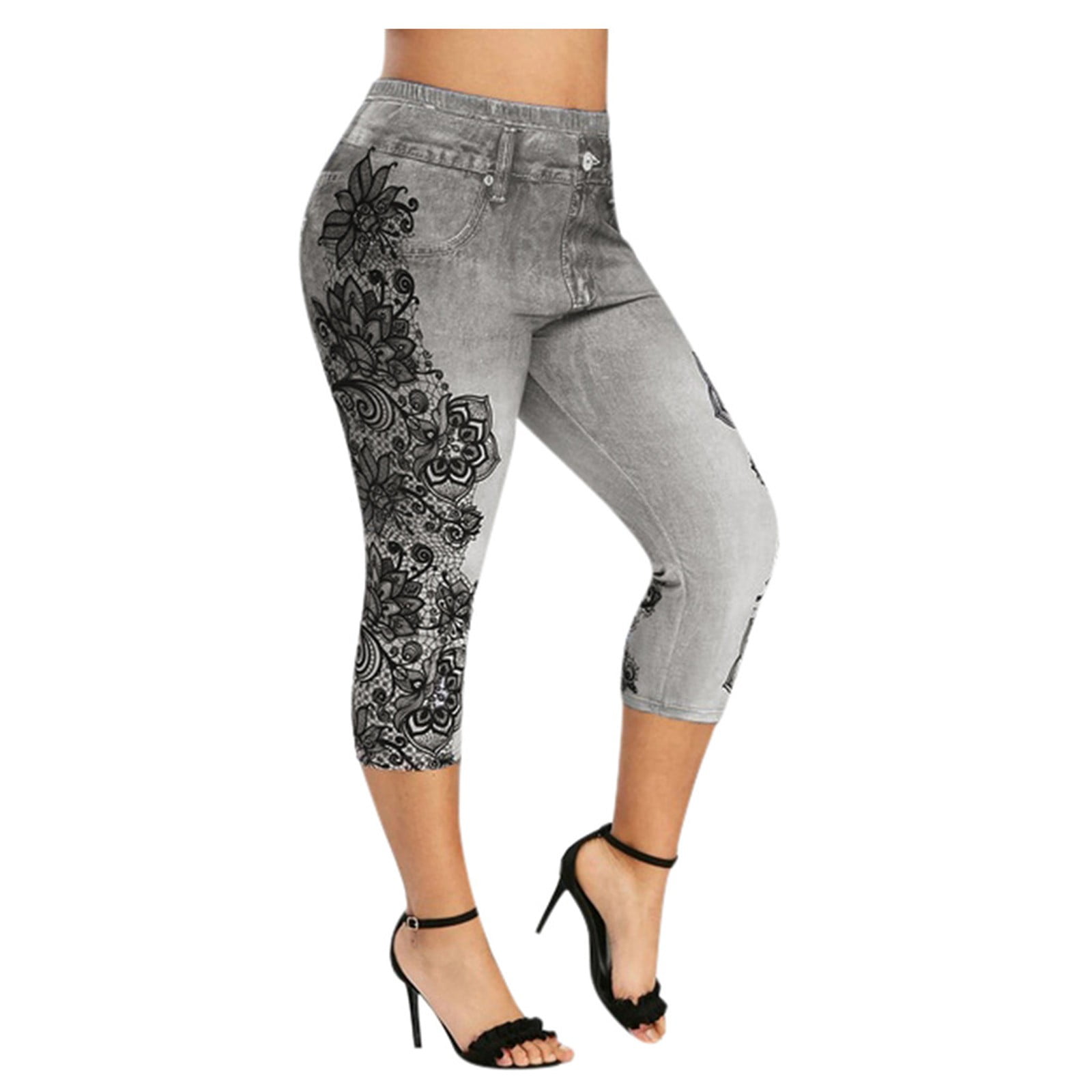 KINPLE Women Plus Size Lace Printing Splice Elastic Waist Casual Leggings  Pants Athletic Leggings Yoga Pants 