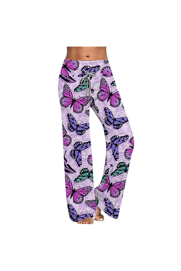 Women's Comfy Pajama Pants Butterfly Print Drawstring Palazzo Lounge Wide Leg Pants