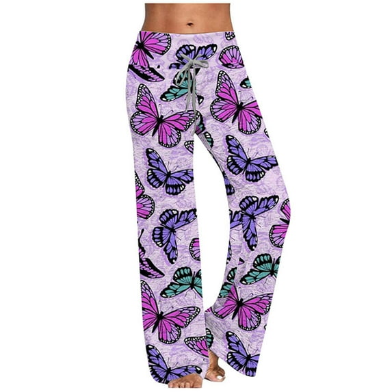 KINPLE Women's Comfy Pajama Pants Butterfly Print Drawstring Palazzo Lounge Wide Leg Pants