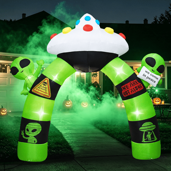 KINQUINN 10 FT Giant Halloween Inflatables Alien UFO Arch Outdoor Decorations, Blow Up Alien Archway with LED Lights, Blow Up Yard Decor for Garden, Lawn, Home, Indoor, Outside, Party, Porch