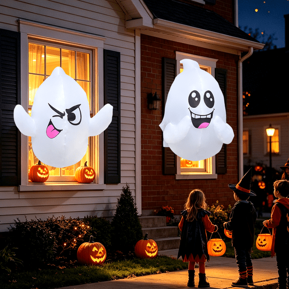 KINQUINN 2 Pack 2.6 FT Halloween Inflatables Window Ghost Decorations Outdoor, Blow Up Hanging Ghost with Build-in LED, Halloween Blow Up Yard Decor Outdoor for Outside, Lawn, Yard, Garden