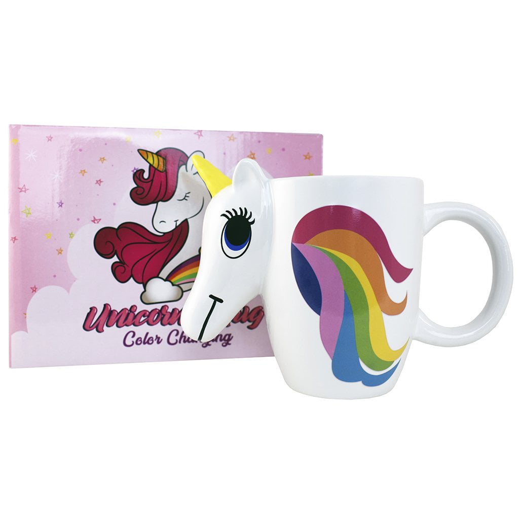 KINREX Color Changing Unicorn Mug White Ceramic Coffee Rainbow Magic Cup 14 oz.