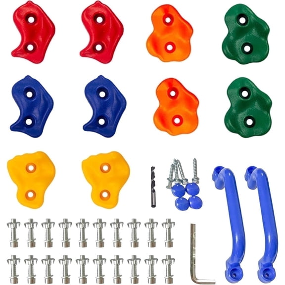 KINSPORY 10pc Climbing Holds, Kids Rock Wall Holds with 2pc Enfant Grips for Indoor Outdoor Playground Playset