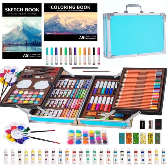 KINSPORY 139 pack Deluxe Portable Double Layers Coloring Drawing Kit with Sketch Pads, Art Set Gift for Artist Adults Beginners Kids (Blue)