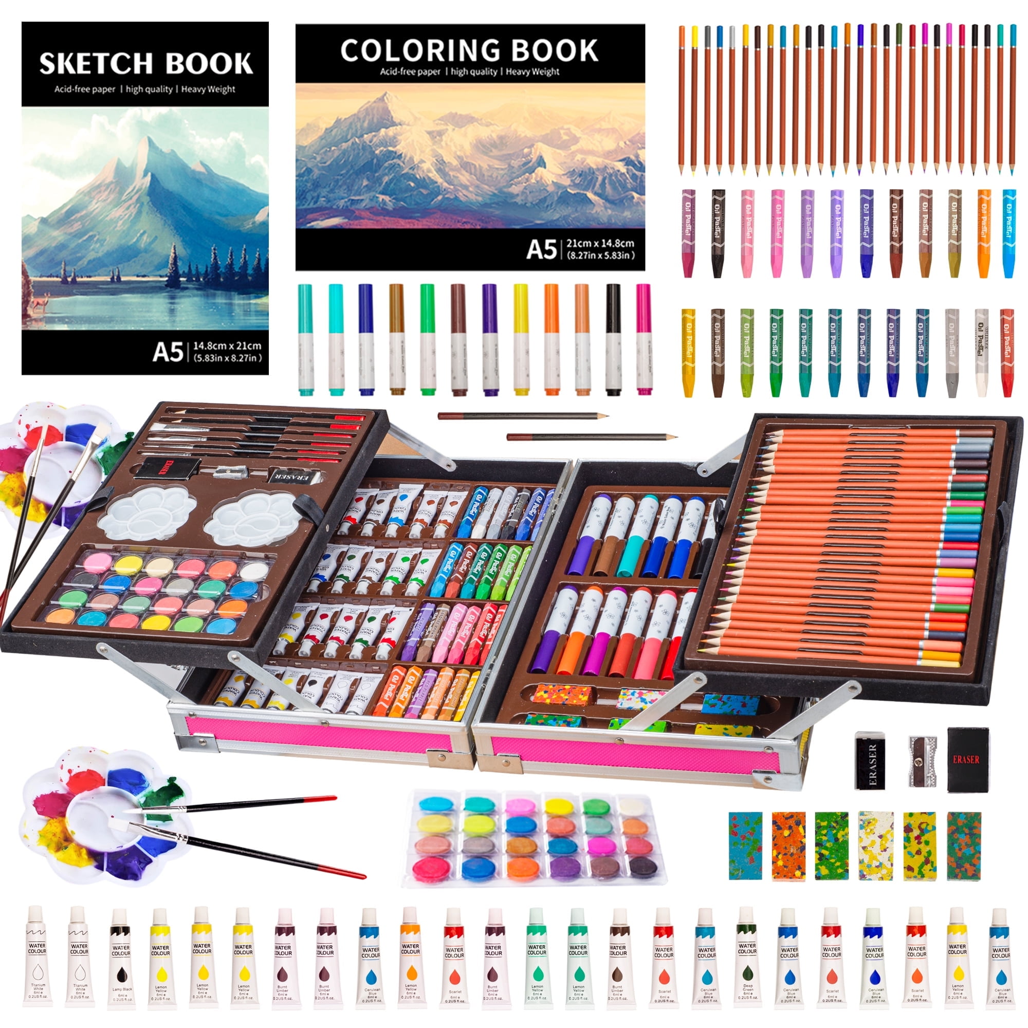 KINSPORY Pink Deluxe Double Layer Art Kit with Sketch Pads