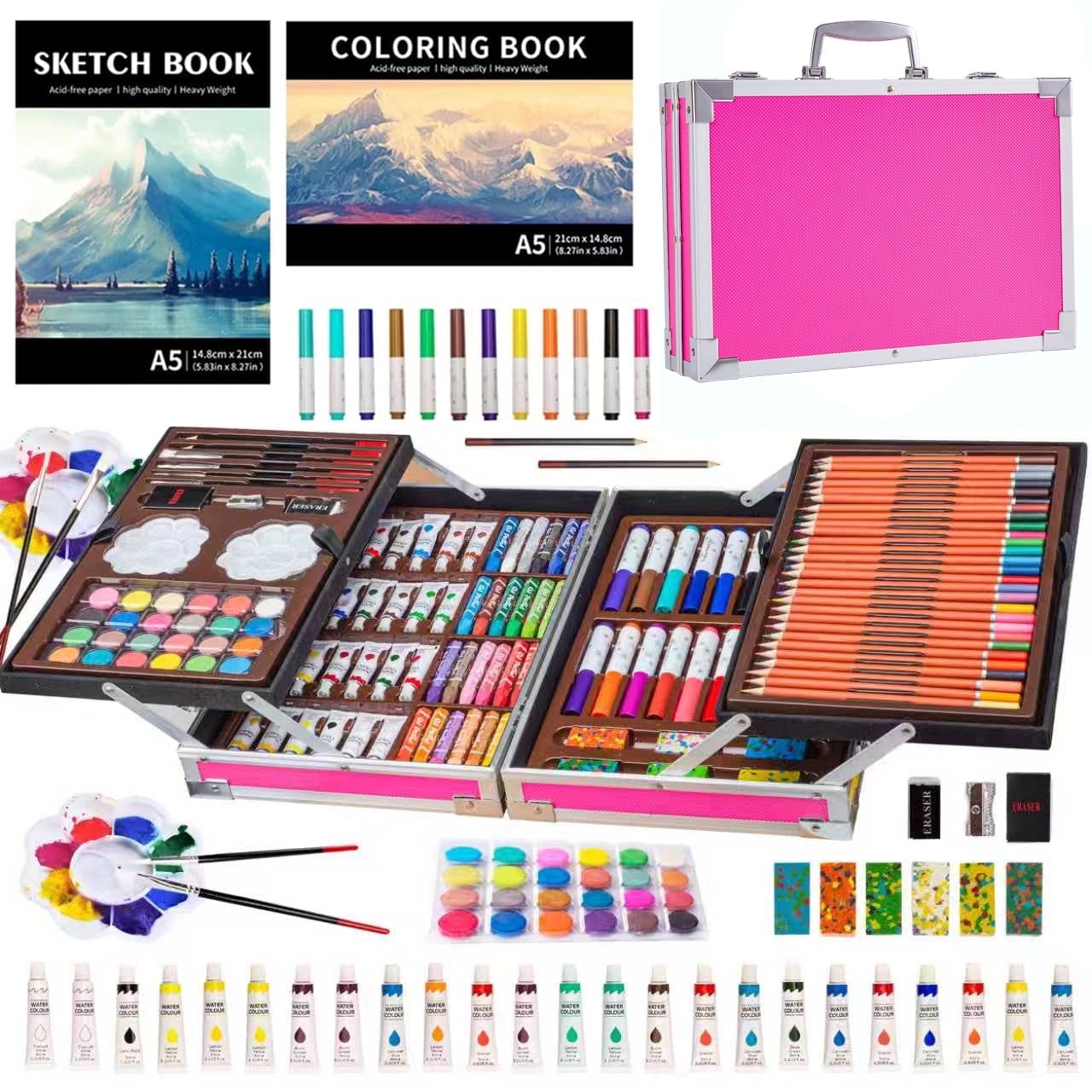 KINSPORY 139 pack Deluxe Portable Double Layers Coloring Drawing Kit with Sketch Pads, Art Set Gift for Artist Adults Beginners Kids (Pink)