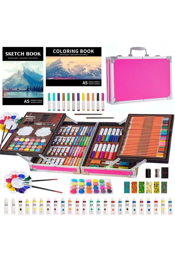 139 pack Deluxe Portable Double Layers Coloring Drawing Kit with Sketch Pads, Art Set Gift for Artist Adults Beginners Kids (Pink)