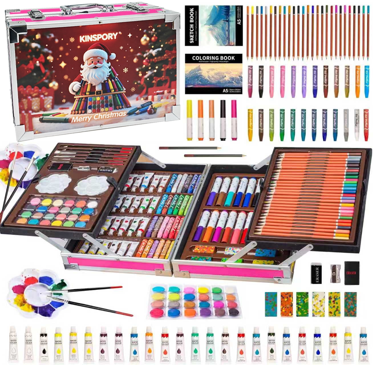 KINSPORY 139 pack Deluxe Portable Double Layers Coloring Drawing Kit with Sketch Pads, Art Set Gift for Artist Adults Beginners Kids (Red)