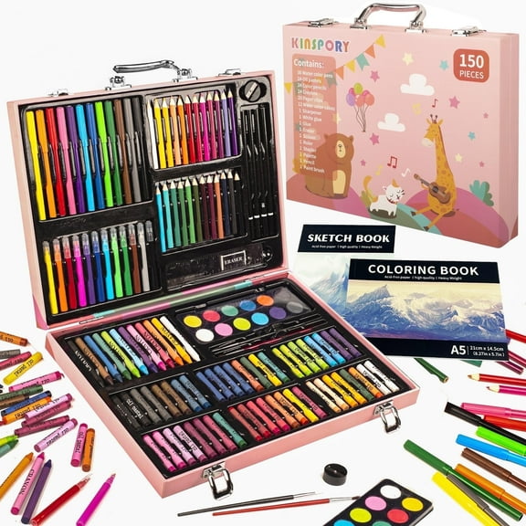 KINSPORY 150PC Drawing Coloring Art Set with Deluxe Paper Case, Creative Supplies Gift for Artists Beginners Teens Kids Boys Girls (Pink)