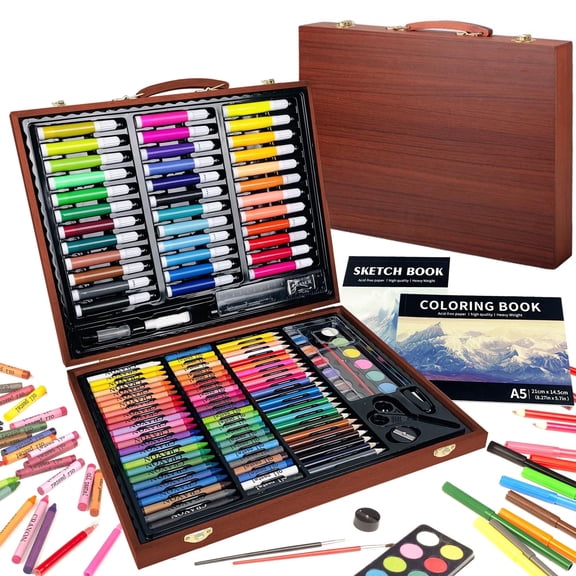 KINSPORY 150PC Drawing Coloring Art Set with Deluxe Wood Case, Creative Supplies Gift for Artists Beginners Teens Kids Boys Girls (Brown)