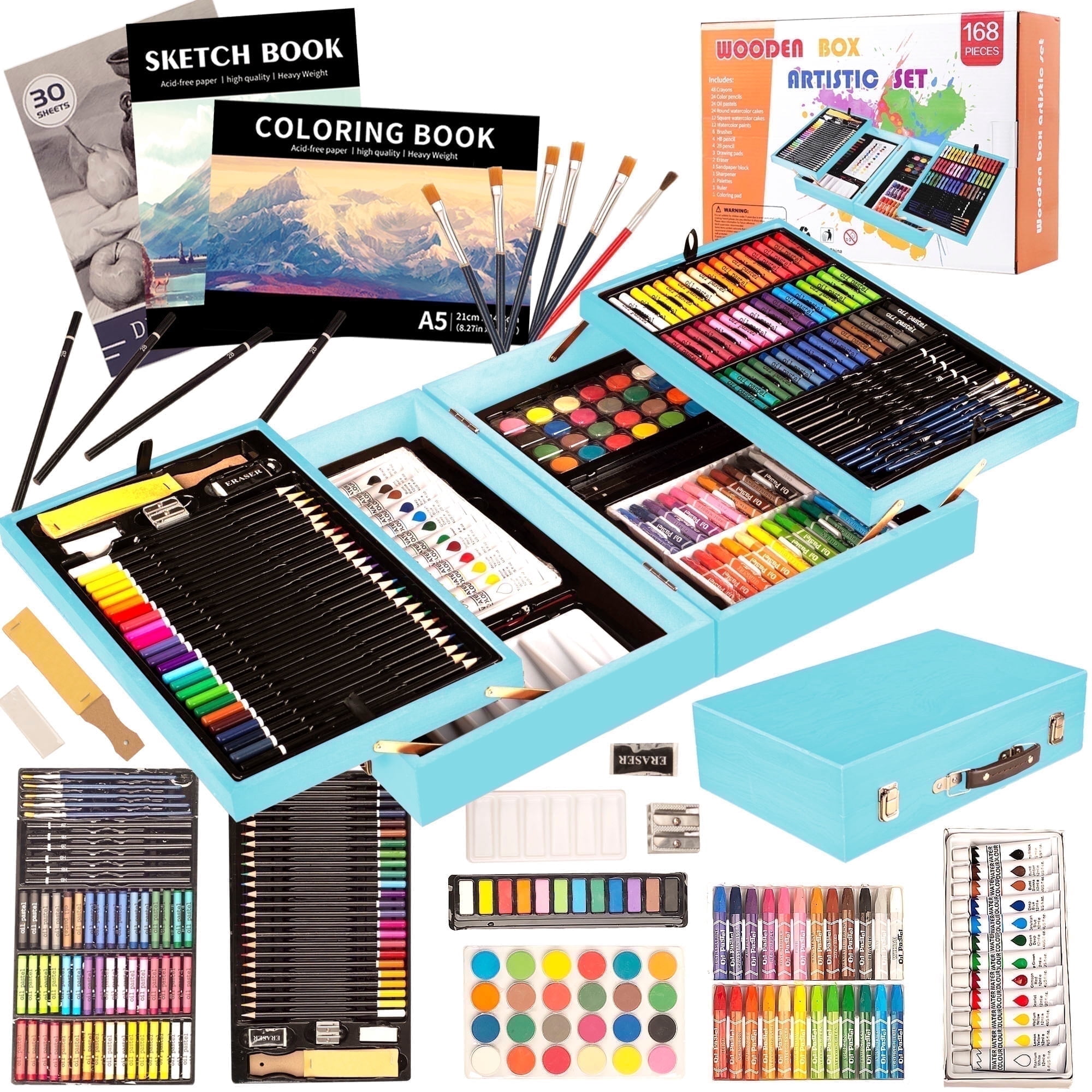 KINSPORY 168Pcs Drawing Painting Set, Deluxe Wooden Art Set Crafts Coloring Book, Sketch Pad, Gift for Artist Beginners Kids Girls Boys (Blue)