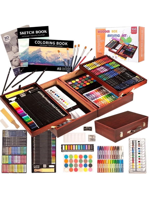 168Pcs Drawing Painting Set, Deluxe Wooden Art Set Crafts Coloring Book, Sketch Pad, Gift for Artist Beginners Kids Girls Boys (Brown)