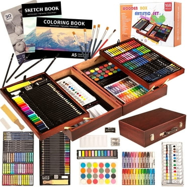 KINSPORY 168Pcs Drawing Painting Set, Deluxe Wooden Art Case, Gift for Artist Kids Adults(Brown)
