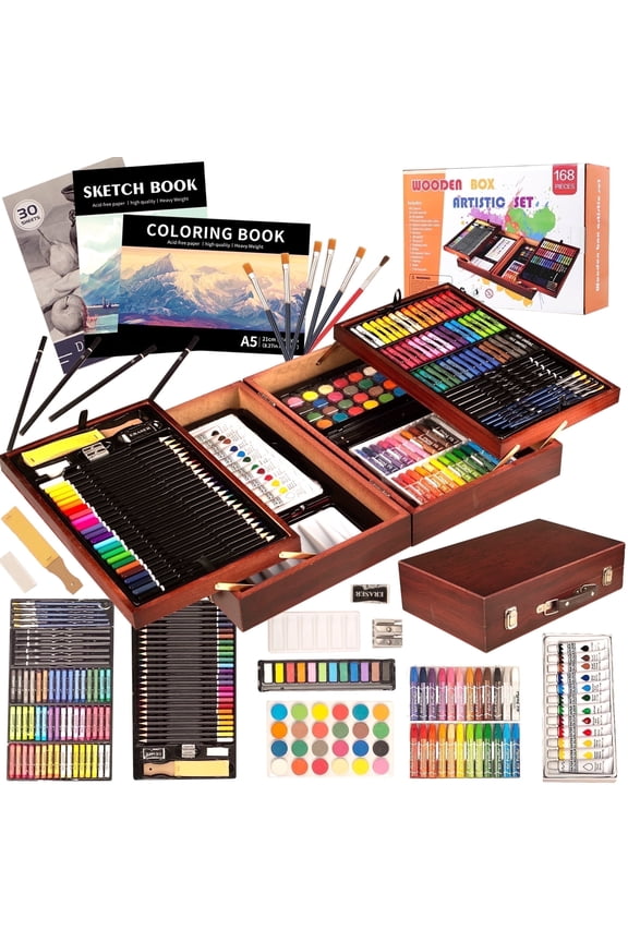 168Pcs Drawing Painting Set, Deluxe Wooden Art Set Crafts Coloring Book, Sketch Pad, Gift for Artist Beginners Kids Girls Boys (Brown)