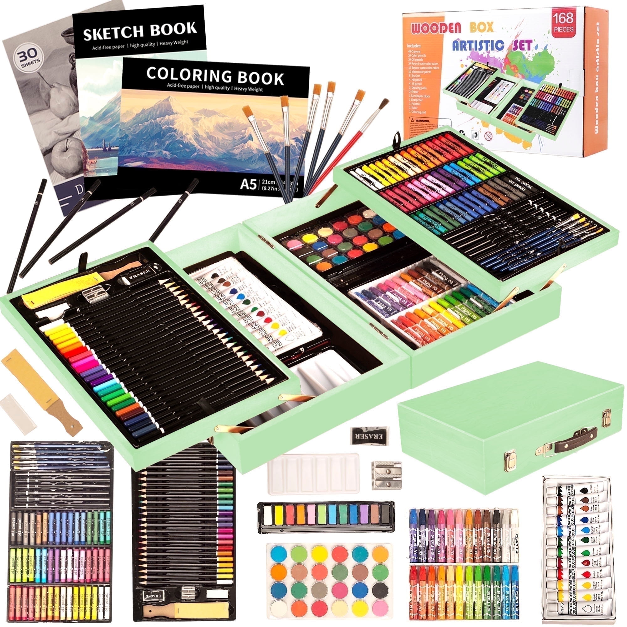 KINSPORY 168Pcs Drawing Painting Set, Deluxe Wooden Art Set Crafts Coloring Book, Sketch Pad, Gift for Artist Beginners Kids Girls Boys (Green)