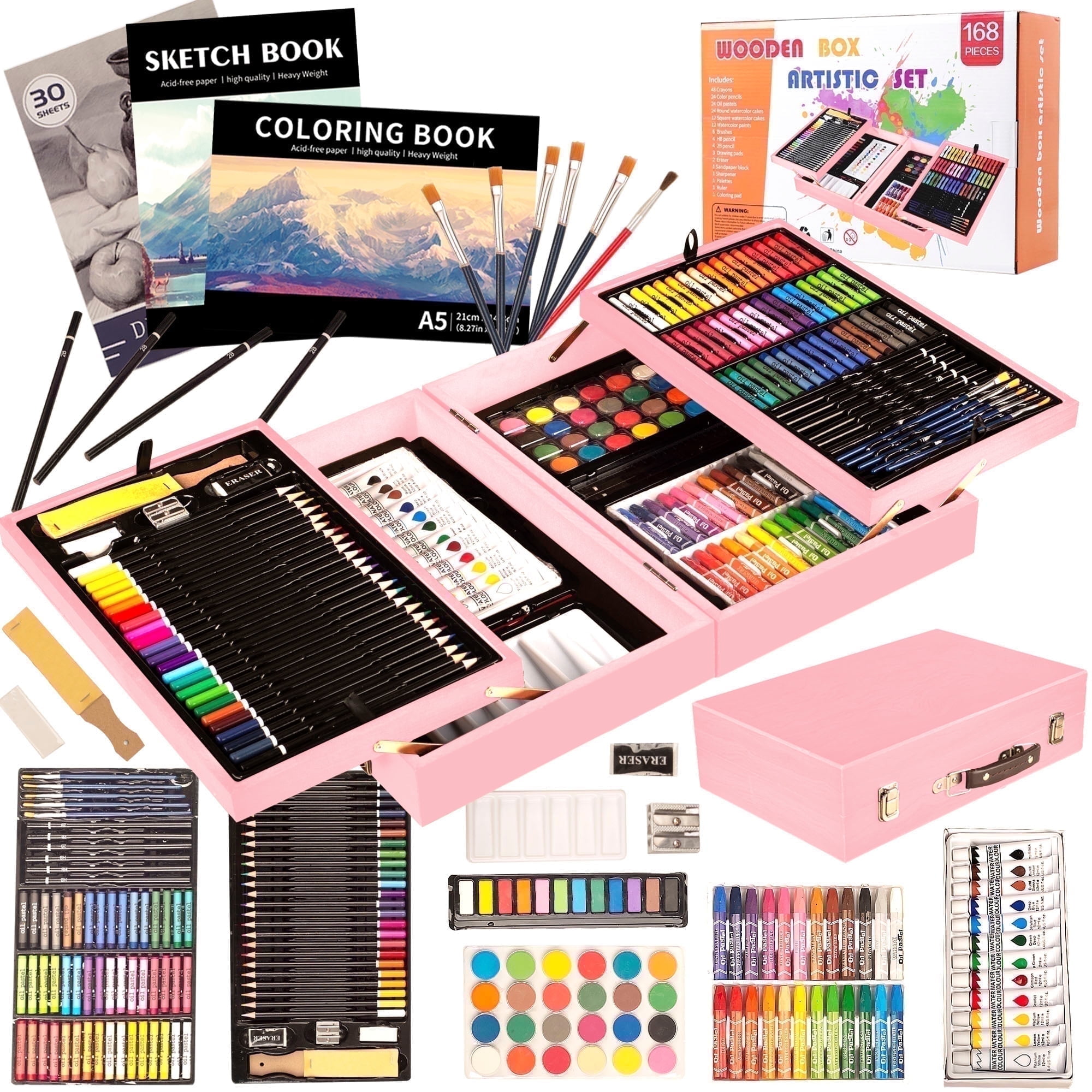 KINSPORY 168Pcs Drawing Painting Set, Deluxe Wooden Art Set Crafts Coloring Book, Sketch Pad, Gift for Artist Beginners Kids Girls Boys (Pink)