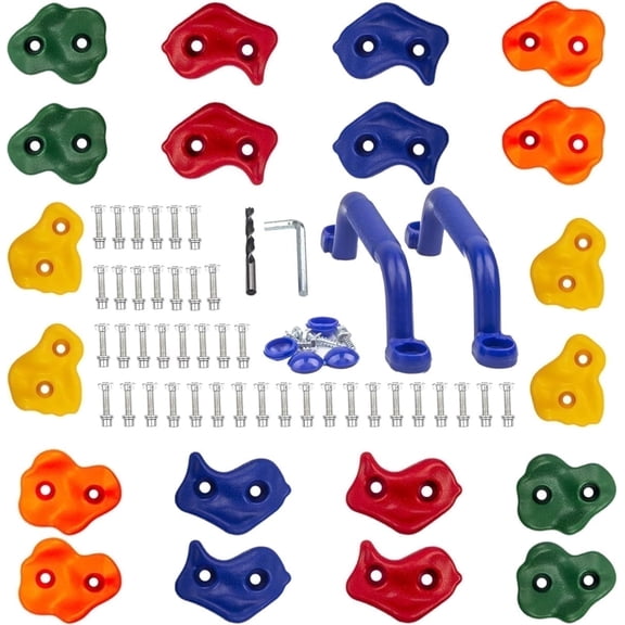 KINSPORY Colorful Rock Wall Climbing Holds Set for Kids with Blue Handles, 20pc Indoor Outdoor Playground Equipment