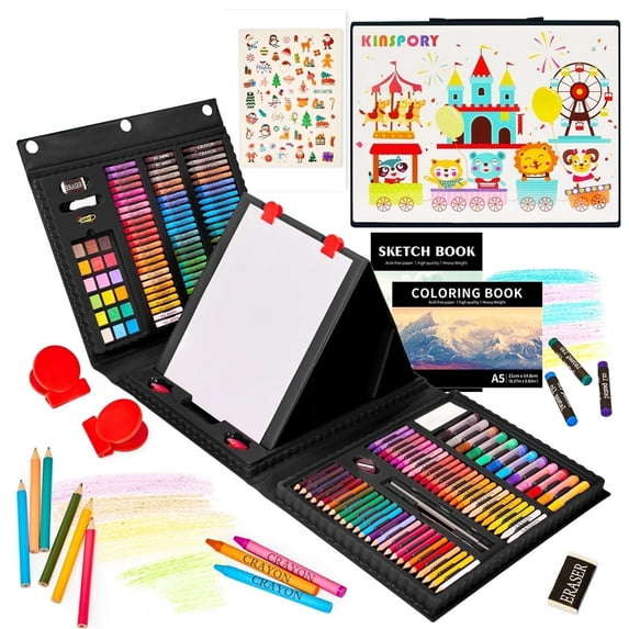 KINSPORY 290 Pack Drawing Coloring Art Set with Double-Side Trifold Art Easel, Creative Supplies Gift for Artists Beginners Kids Boys Girls (Black)