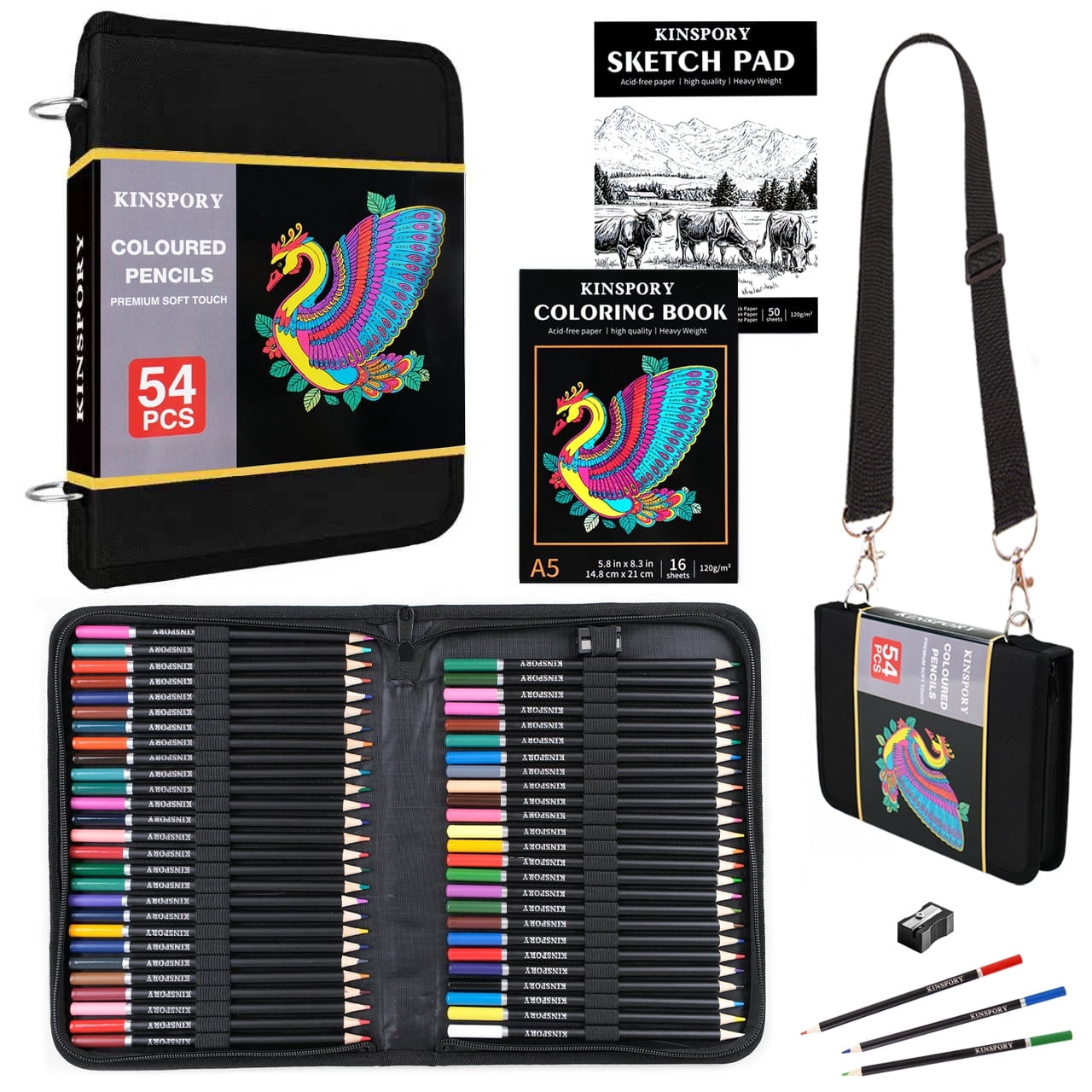 KINSPORY 54 Colored Pencils Drawing Set, Portable Art Supplies with Zipper Bag, Sketchbook & Coloring Book for Artists Beginners Adults Girls & Boys