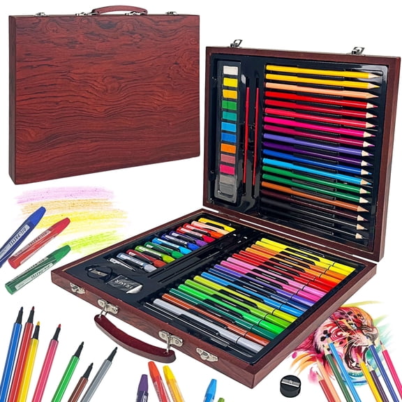 KINSPORY 66 pack Art Supplies, Deluxe Wooden Art Set Crafts Drawing Painting Kit, Gift Box for Kids Artist Beginners Girls Boys (Brown)