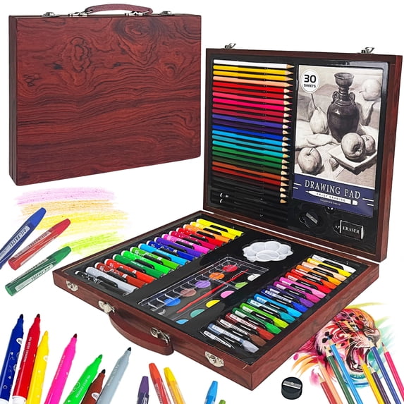 KINSPORY 78 pack Deluxe Wooden Art Set Crafts Drawing Painting Kit with Drawing Book, Gift Box for Kids Artist Beginners Girls Boys (Brown)