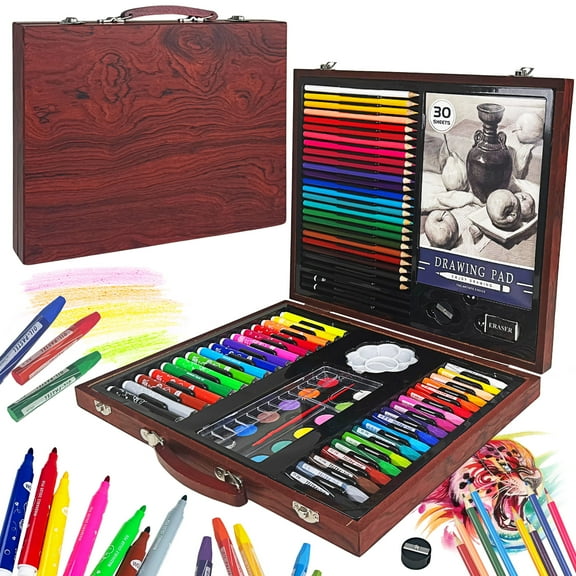 KINSPORY 78 pack Deluxe Wooden Art Set Crafts Drawing Painting Kit with Drawing Book, Gift Box for Kids Artist Beginners Girls Boys (Brown)