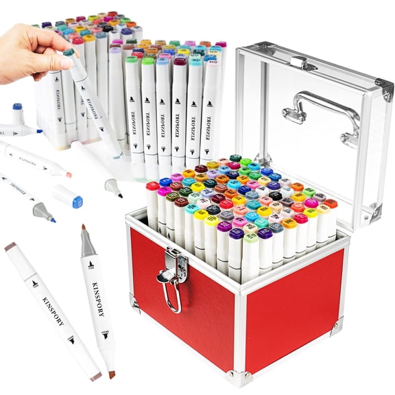 KINSPORY Alcohol Markers Set, 80 Pack, Double-Head Coloring Drawing Art Markers Pens, Gift Aluminium Suitcase for Artists Adult Kids