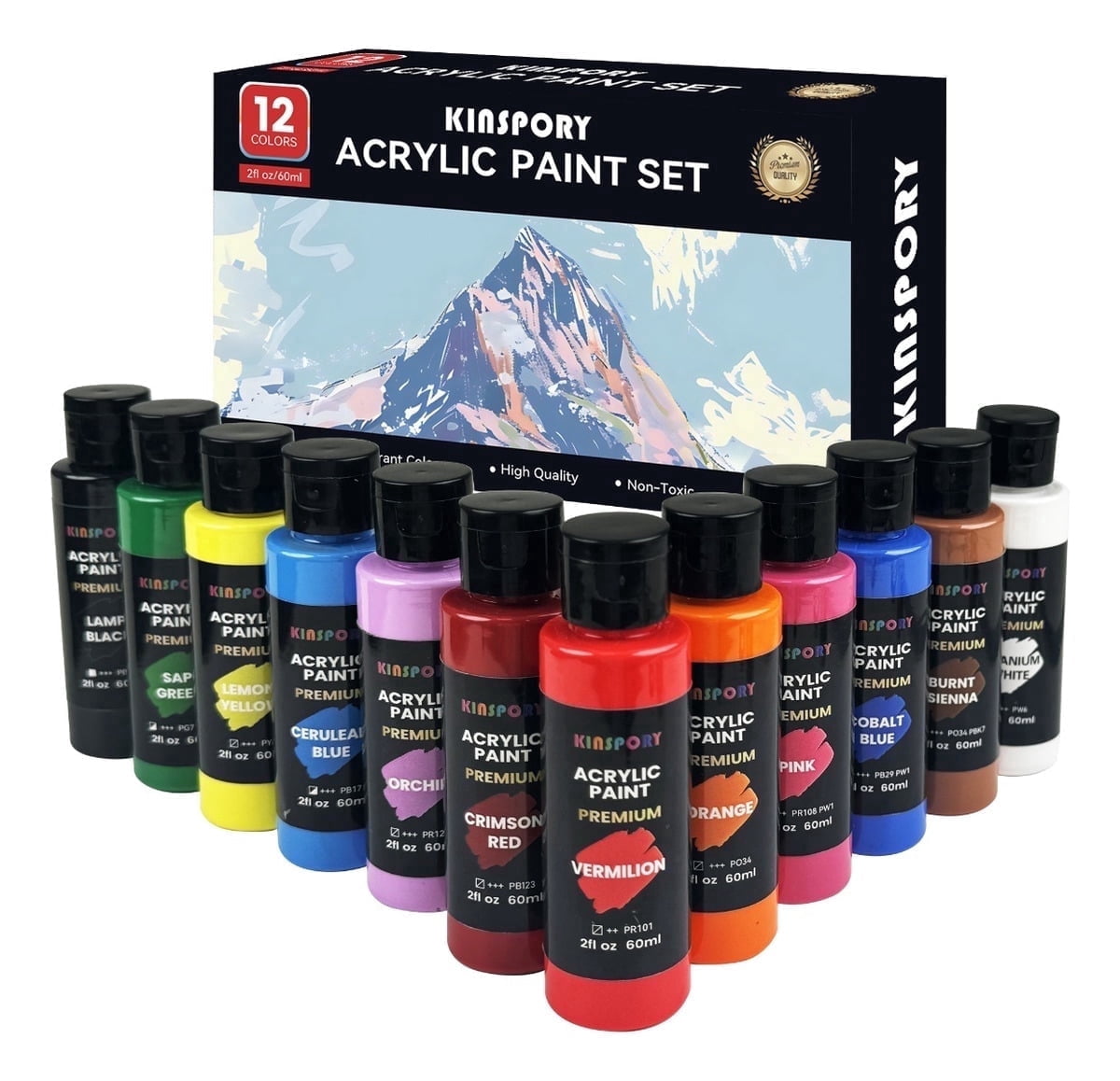 KINSPORY Acrylic Paints Set, 12 Colors*60ml Art Craft Paint, Premium Art Supplies Gifts for Artists Beginners on Canvas Wood Ceramic