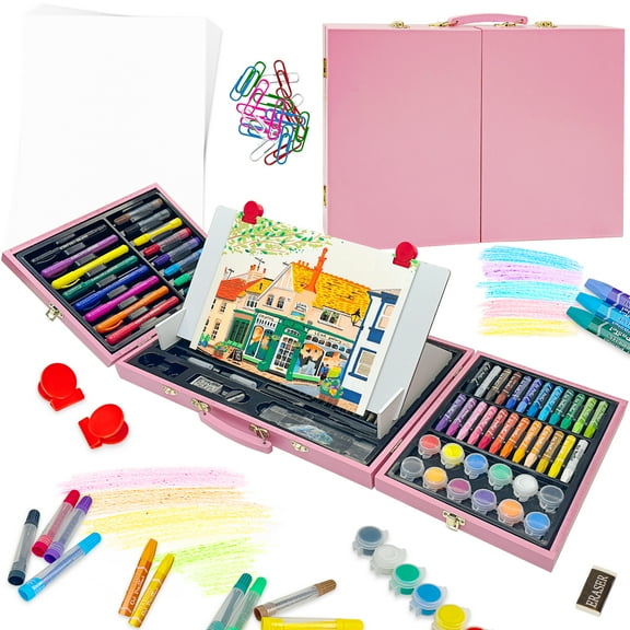 KINSPORY 128 Pack Painting Colouring Art Set, Art Supplies with Drawing Easel, Wooden Case Gift for Artist Beginners Kids Girls Boys (Pink)