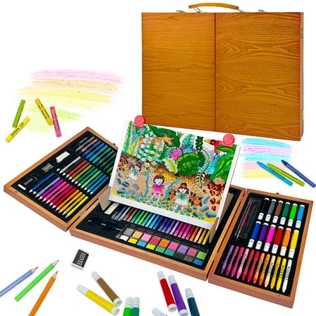 KINSPORY 172 Pack Painting Colouring Art Set, Art Supplies with Drawing Easel, Wooden Case Gift for Artist Beginners Kids Girls Boys (Brown)