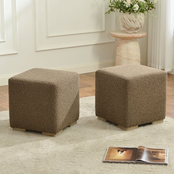 KINWELL 18.5" Wide Modern Square Boucle Upholstered Ottoman with Solid Wood Legs, Multi-Functional Sofa Footrest, Side Table, Extra Seating for Living Room, Bedroom, Fully Assembled (2, Teddy Brown)