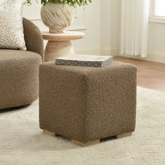 KINWELL 18.5" Wide Modern Square Boucle Upholstered Ottoman with Solid Wood Legs, Multi-Functional Sofa Footrest, Side Table, Extra Seating for Living Room, Bedroom, Fully Assembled (1, Teddy Brown)