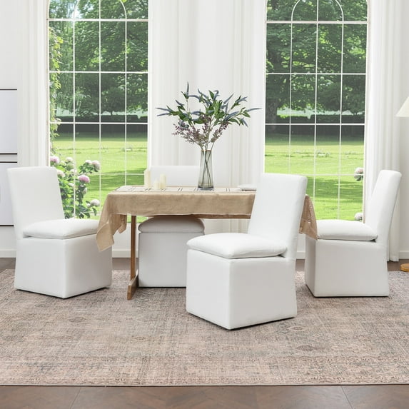 KINWELL 21" Wide Modern Dining Chairs with Casters Set of 4, Performance Fabric No Assembly Upholstered Rolling Side Chairs for Kitchen Dining Room Living Room (White)