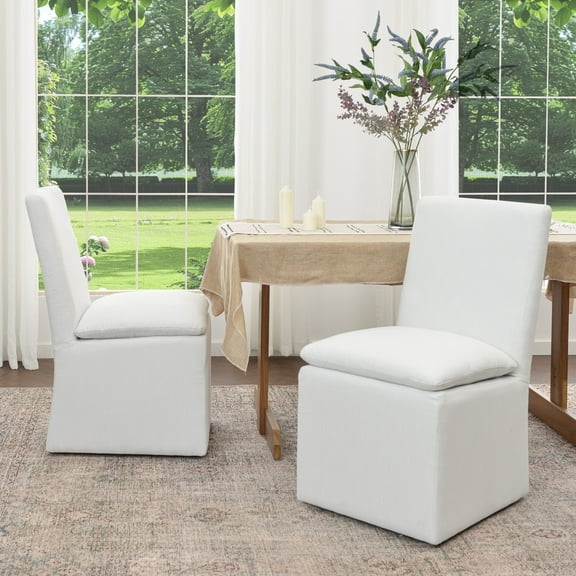 KINWELL 21" Wide Upholstered Armless Modern Rolling Dining Chairs with Casters Set of 2, Performance Fabric No Assembly Dining Side Chairs for Kitchen Dining Room (Ivory)