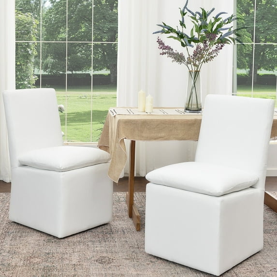 KINWELL 21" Wide Upholstered Armless Modern Rolling Dining Chairs with Casters Set of 2, Performance Fabric No Assembly Dining Side Chairs for Kitchen Dining Room (White)