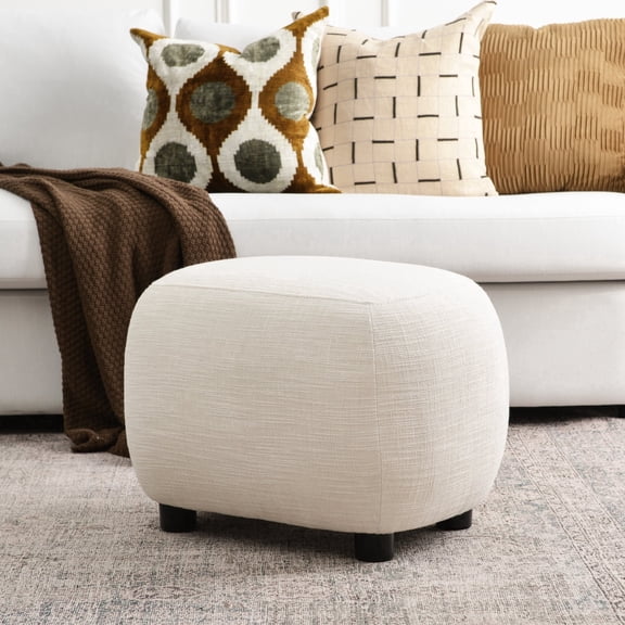 KINWELL 23" Wide Linen Blend Upholstered Ottoman, Textured Weave Footrest with Soft Padded Seat, Mid-Century Modern Footstool for Bedroom, Entryway or Living Room, Ivory