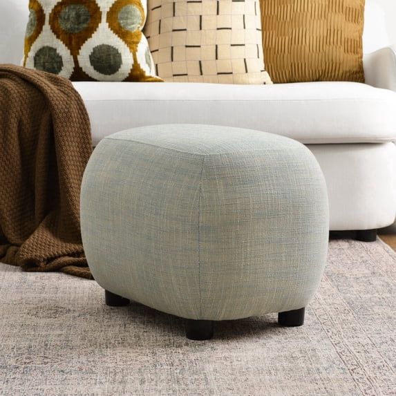 KINWELL 23" Wide Linen Blend Upholstered Ottoman, Textured Weave Footrest with Soft Padded Seat, Mid-Century Modern Footstool for Bedroom, Entryway or Living Room, Light Teal Multi