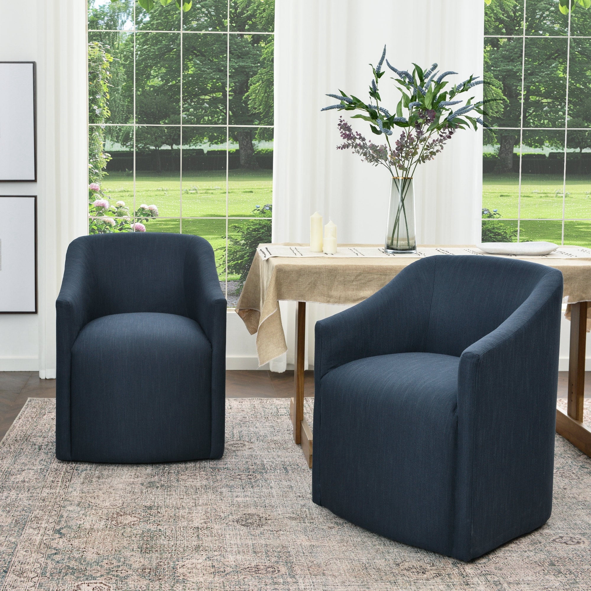 KINWELL 25" Wide Upholstered Dining Chairs with Casters Set of 2, No Assembly Modern Performance Fabric Barrel Back Rolling Dining Armchair for Kitchen Dining Room (Indigo)