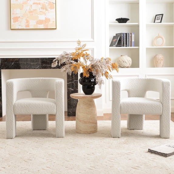 KINWELL 28" W Boucle Accent Chair Armchairs Set of 2, Upholstered Square Open-Back Barrel Chair, No Assembly Side Chair ArmChairs for Living Room Bedroom Lounge (Cream)
