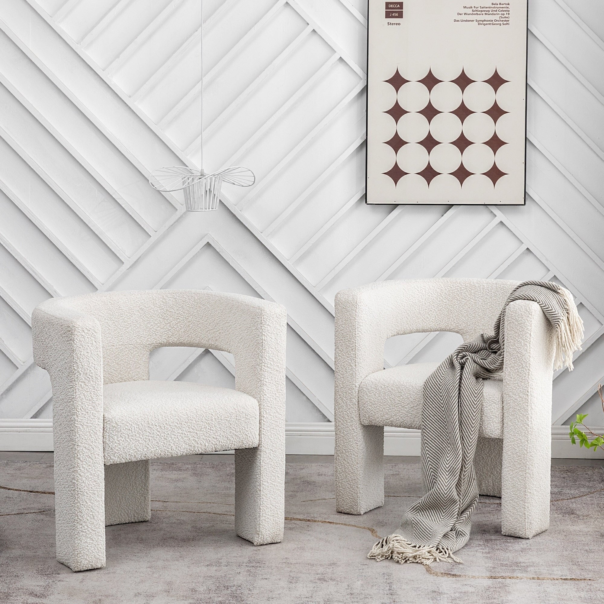 Set of 2 Cream Boucle Barrel Accent Chairs with Wood Frame