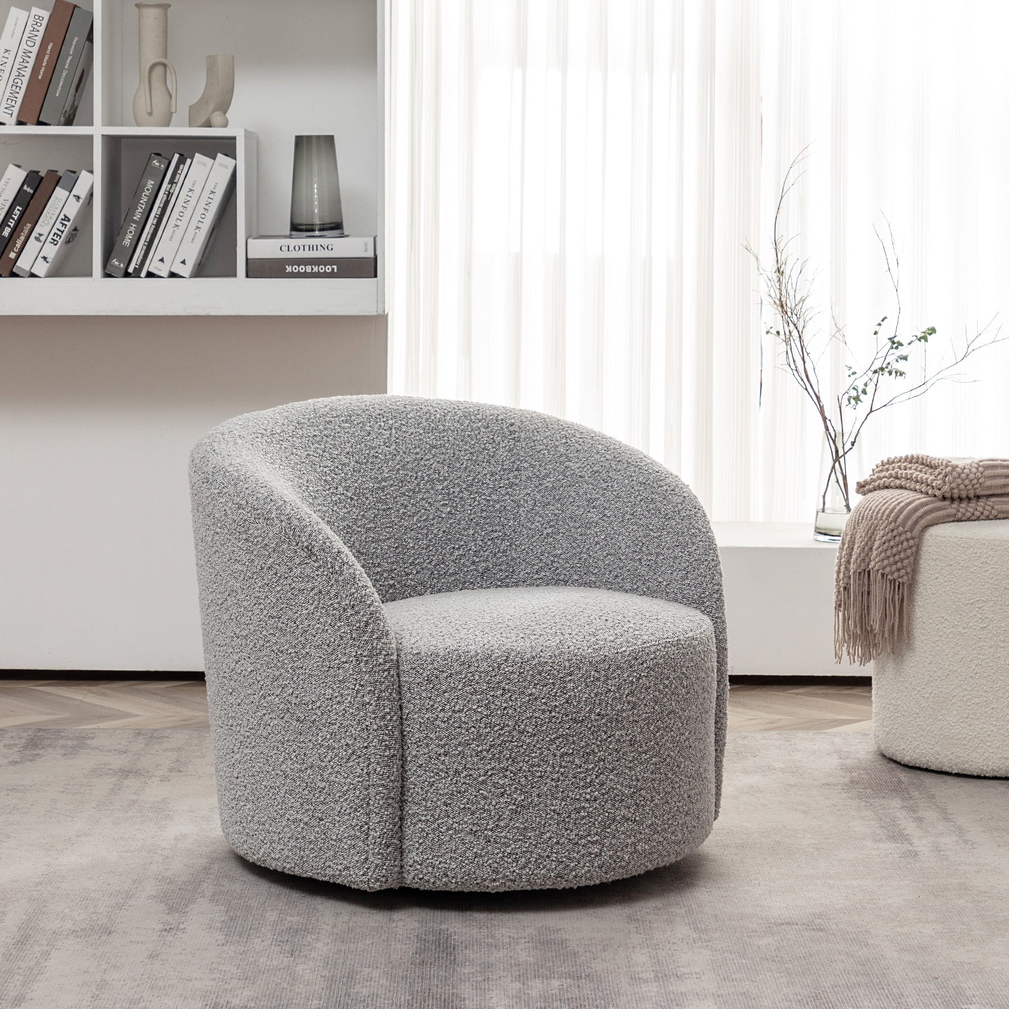 KINWELL 34" W Upholstered Boucle Swivel Barrel Accent Chair Black and ...