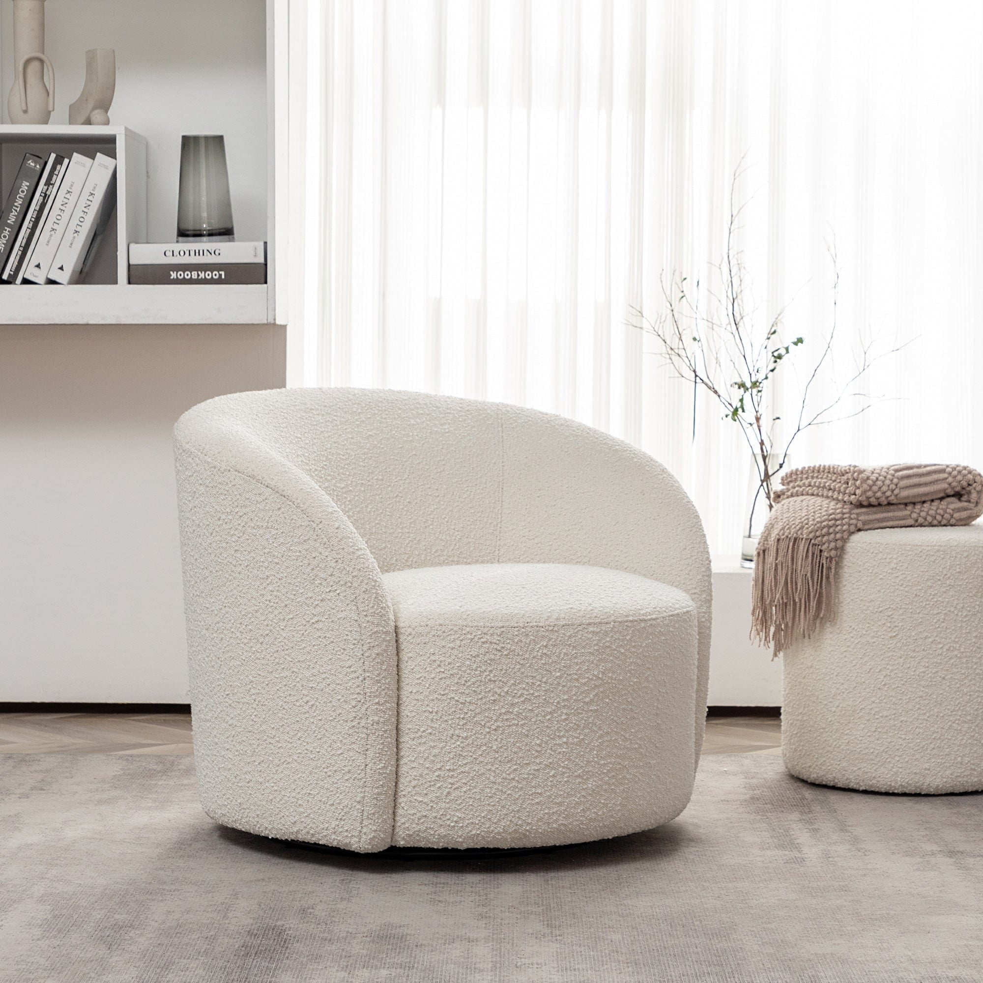 Cream Upholstered Swivel Barrel Accent Chair with Wood Frame